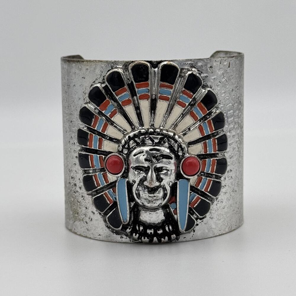 Indian Head Cuff Bracelet Enamel Face Headdress Hammered Jewelry Wide Band